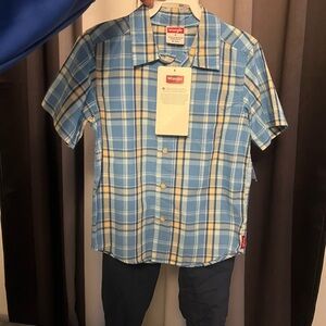 Wrangler kids Light Blue and Cream Plaid Shirt & pants set